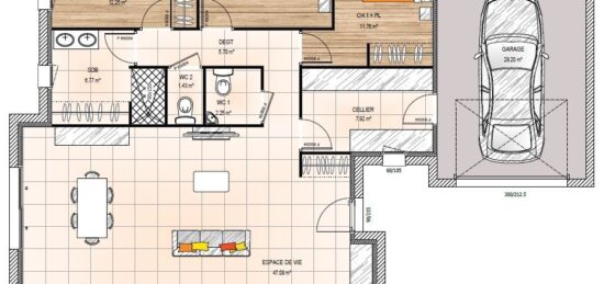 Plan de maison Surface terrain 106 m2 - 5 pièces - 3  chambres -  avec garage 