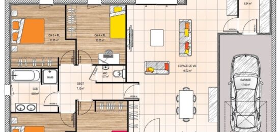 Plan de maison Surface terrain 100 m2 - 5 pièces - 4  chambres -  avec garage 