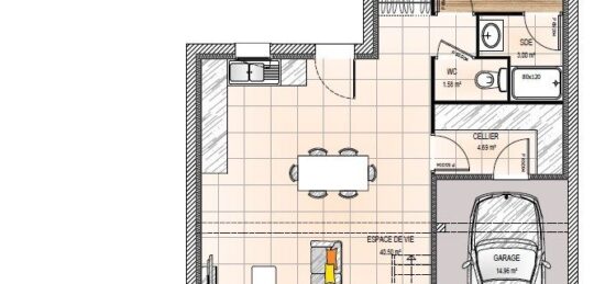 Plan de maison Surface terrain 90 m2 - 5 pièces - 3  chambres -  avec garage 