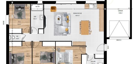 Plan de maison Surface terrain 97 m2 - 6 pièces - 4  chambres -  avec garage 