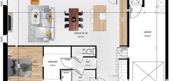 Plan de maison Surface terrain 69 m2 - 3 pièces - 1  chambre -  avec garage 