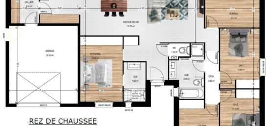 Plan de maison Surface terrain 125 m2 - 7 pièces - 4  chambres -  avec garage 