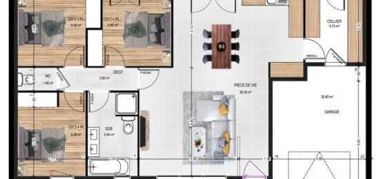 Plan de maison Surface terrain 85 m2 - 5 pièces - 3  chambres -  avec garage 