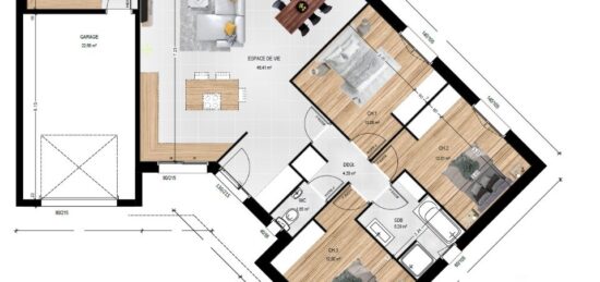 Plan de maison Surface terrain 103 m2 - 5 pièces - 3  chambres -  avec garage 