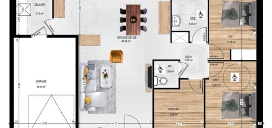 Plan de maison Surface terrain 92 m2 - 5 pièces - 2  chambres -  avec garage 