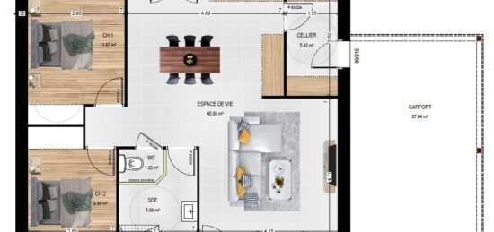 Plan de maison Surface terrain 75 m2 - 4 pièces - 2  chambres -  sans garage 