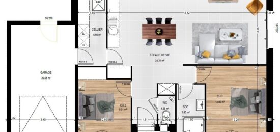 Plan de maison Surface terrain 74 m2 - 4 pièces - 2  chambres -  avec garage 