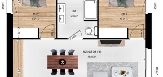 Plan de maison Surface terrain 56 m2 - 3 pièces - 2  chambres -  sans garage 